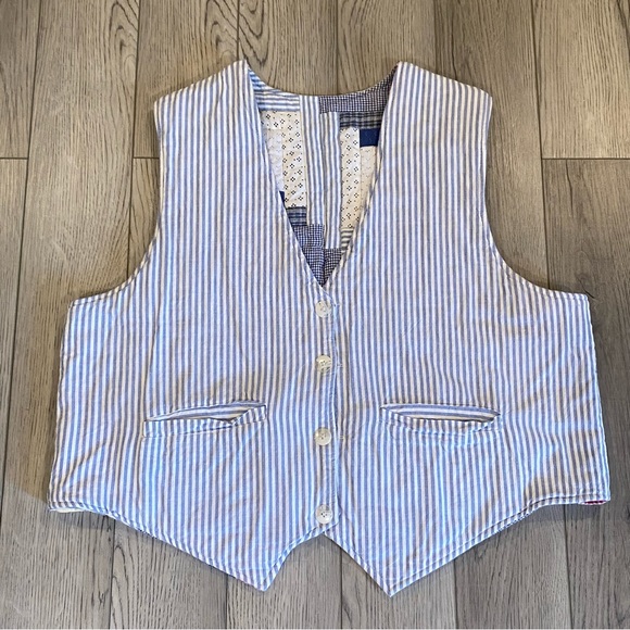 Vintage Patch Magic Quilted Reversible Vest Size XL Patchwork/Blue White Stripes - Picture 12 of 14